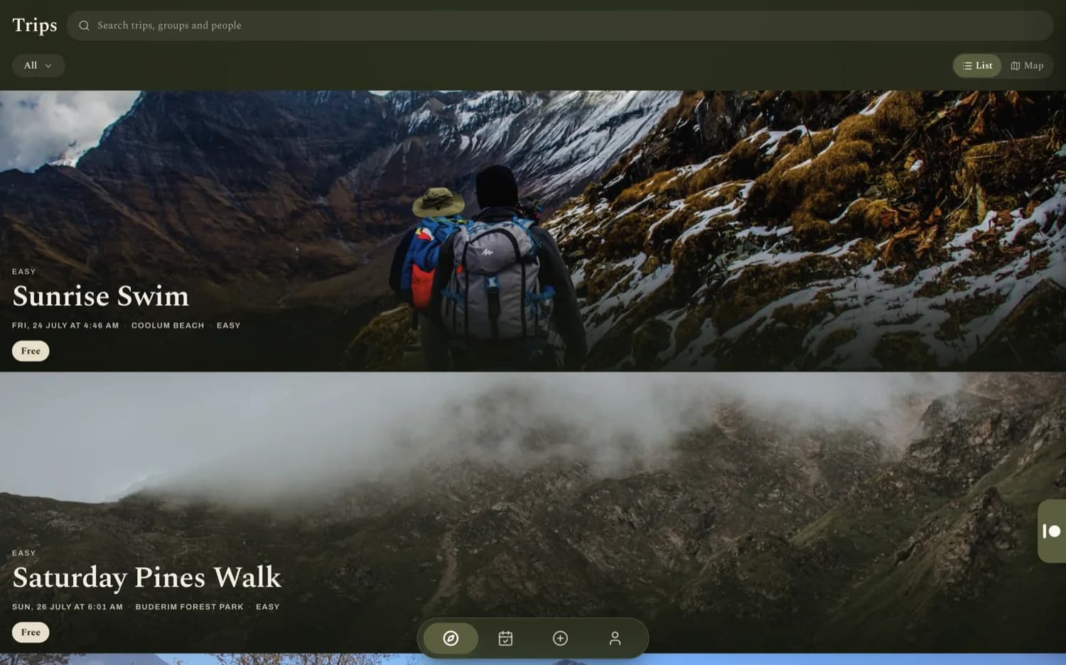The Adventure trips planner: led adventures and open meetups in olive on sand.