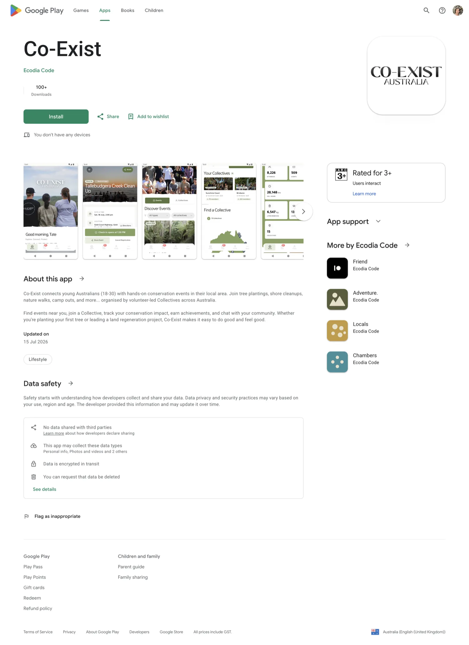 Co-Exist on the Google Play listing, showing the same conservation program screens on Android.
