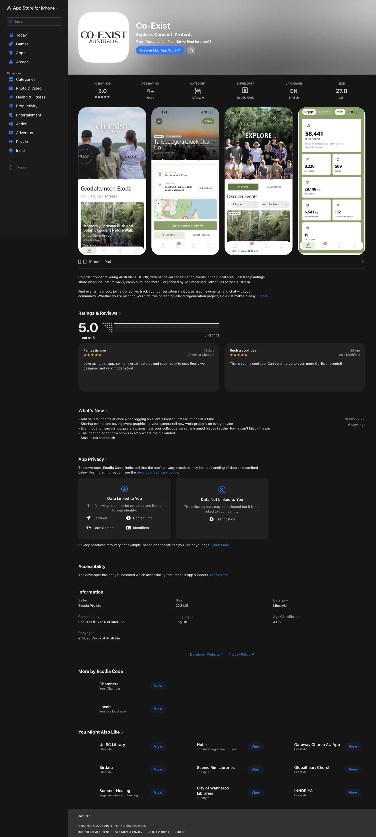 Co-Exist iOS app: a home screen with the next event card, an event detail with check-in window, and the impact dashboard.