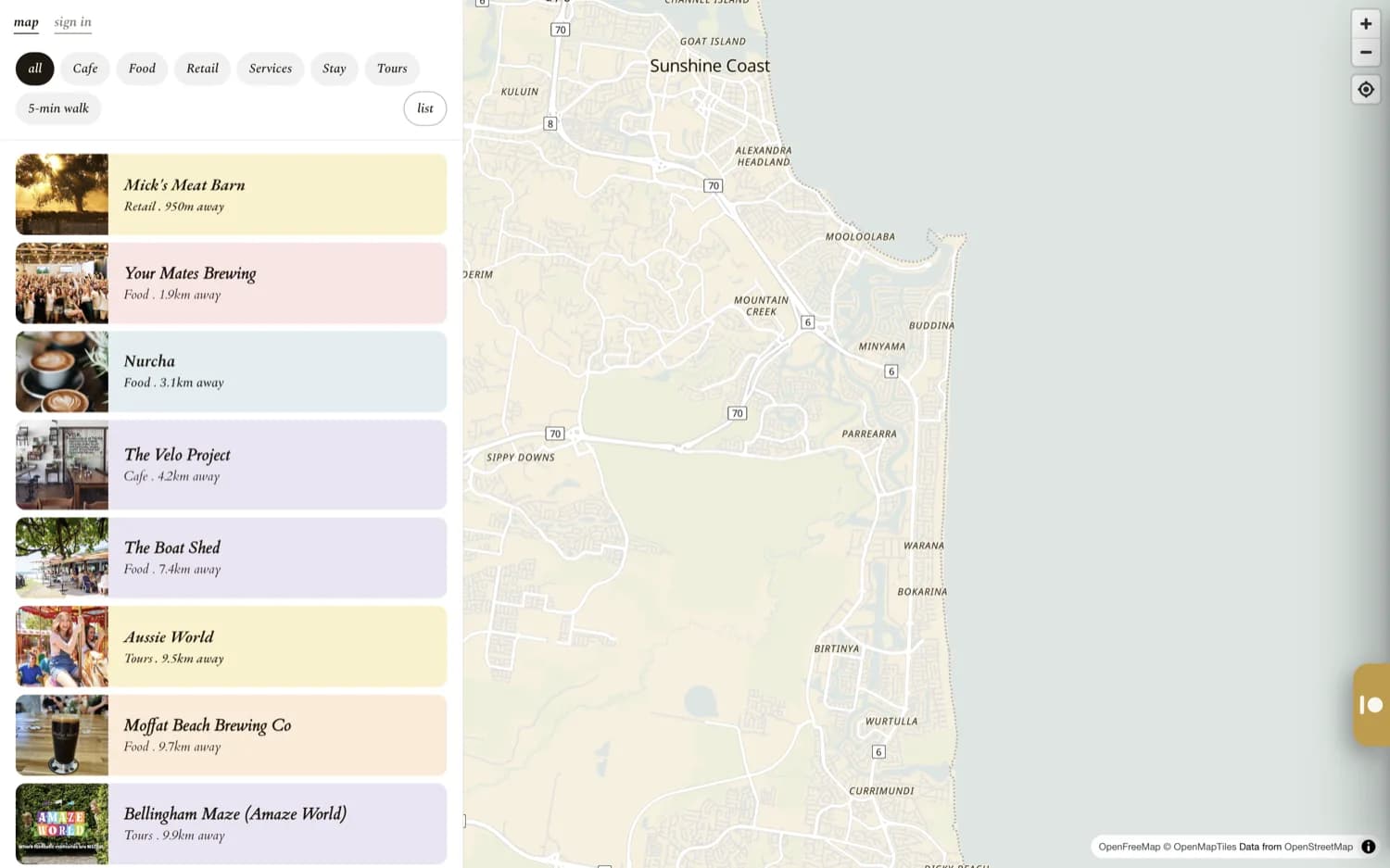 The Locals discover feed: local merchants on a map in gold on warm sand.