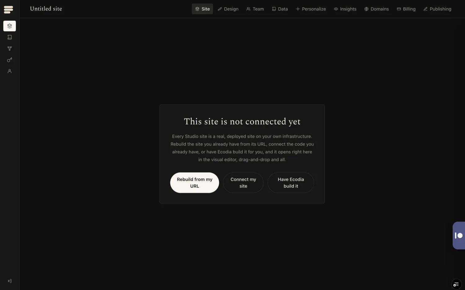 Studio's visual site editor: a live page on one side, editable content blocks on the other.