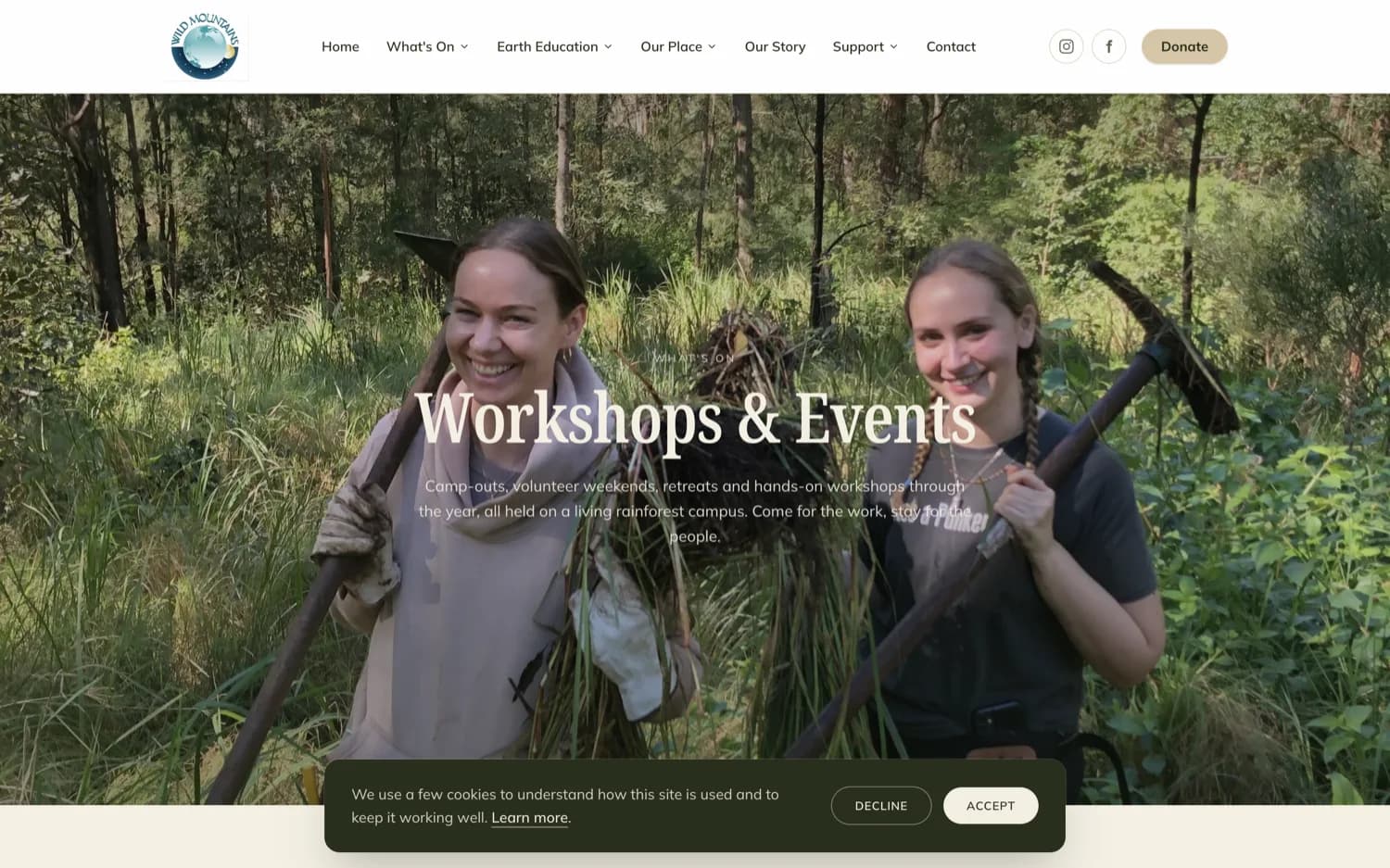 The Wild Mountains events surface: workshops and programs set in forest greens on paper.